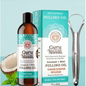 Guru Nanda Coconut & Mint Teeth Whitening Oil with Tongue Scraper 237ml