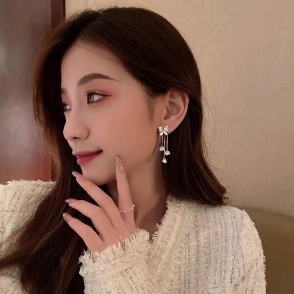 Silver Needle Stud Earrings Design Sense A Two Wearing Full Diamond Butterfly Earrings Women's New Fashion French Temperament Versatile Tassel for women and Girls - Image 3
