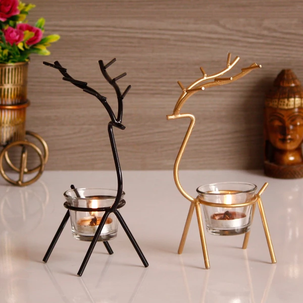 Ecraftindia Set Of 2 Deer Shape Decorative Handcrafted Metal Tea Light Holder