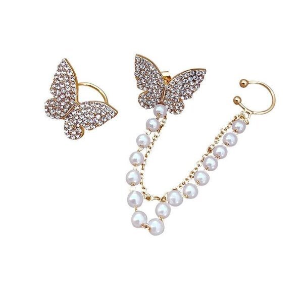 Avr Jewels High Sense Of Asymmetric Butterfly Pearl Ear Bone Clip Earrings All-in-one Female Super Fairy Tassel Earrings