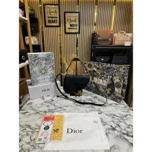 Christian Dior Saddle Crossbody Bag With Double Box & Dust Bag Black (FT82)