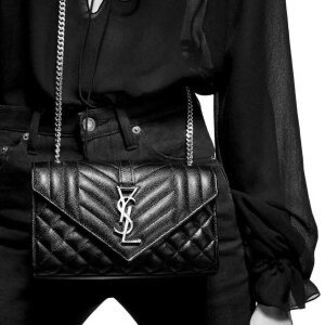 YSL Clutch Cum Chain Sling Bag With Box Black Silver (SW9614)