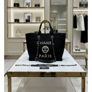 First Copy Chanel Deauville Tote Bag Pearl Canvas Black (FT670)