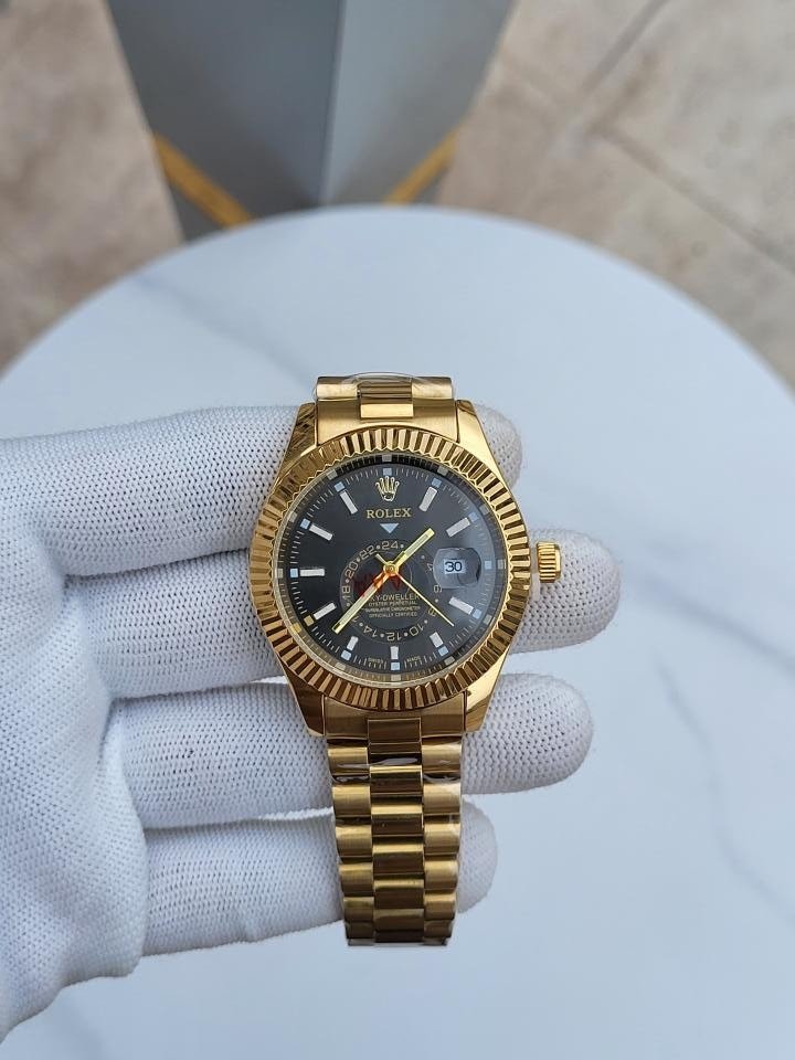 First Copy Rolex Sky Deweller Watch Gold Black Dial (SW9455)
